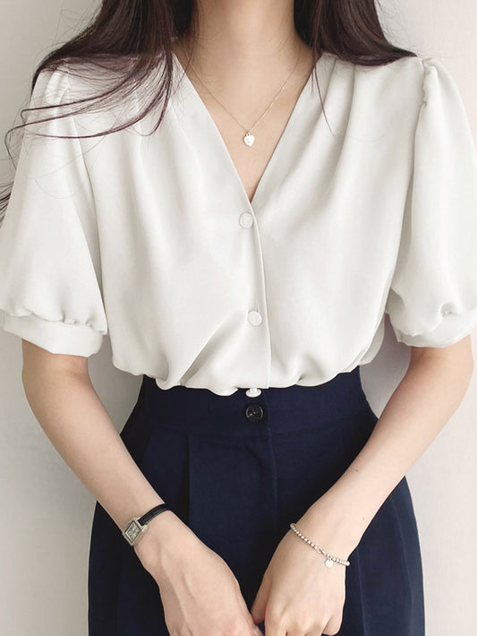 DAZY Solid Button Front Puff Sleeve Blouse