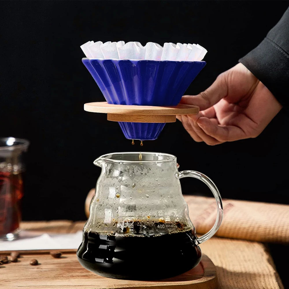 Ceramic Coffee Filter Cup: Reusable Filters Coffee Maker with Wood Stand Funnel Dripper Cake Filter Cup - Elevated Coffee Accessories